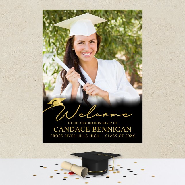 Graduation Party Welcome Black Gold Script Photo Poster (Creator Uploaded)