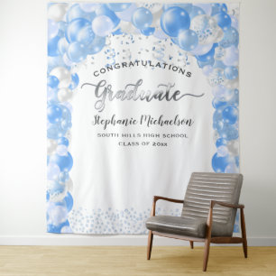 Graduation Party White Blue Balloons Streamer Tapestry
