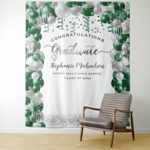 Graduation Party White Green Balloons Streamer Tapestry