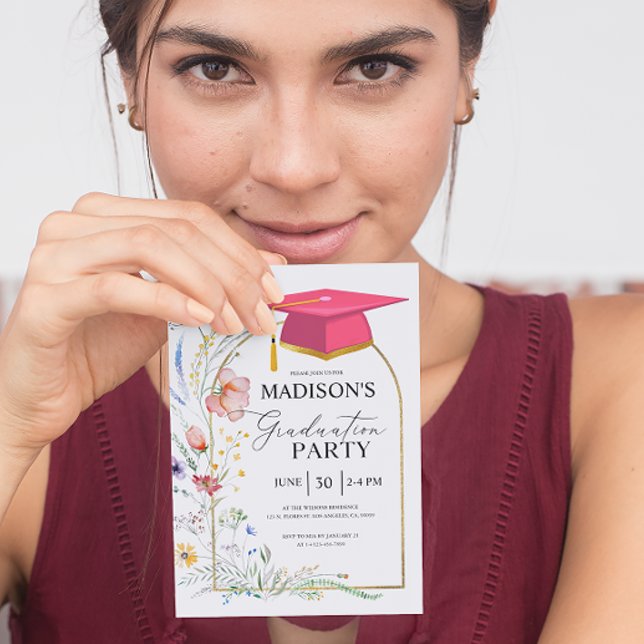 Graduation Party WildFlowers Pink Grad Hat Invitation (Creator Uploaded)