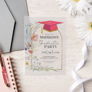 Graduation Party WildFlowers Pink Grad Hat Vellum Invitations