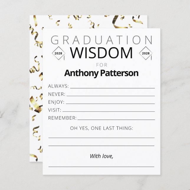 Graduation Party Wisdom Card Gold Confetti Guests (Front/Back)