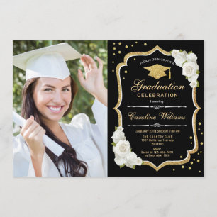 Graduation Party With Photo - Black Gold White Invitation