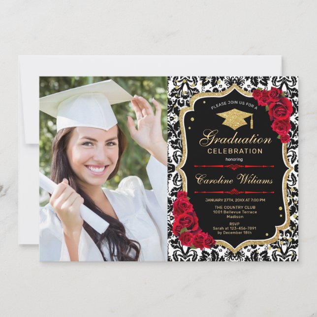 Graduation Party With Photo - Black Red Gold Invitation (Front)