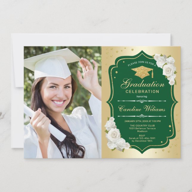 Graduation Party With Photo - Gold Green Invitation (Front)