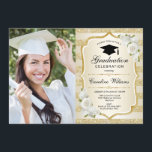 Graduation Party With Photo - Gold Invitation<br><div class="desc">Graduation party invitation with your photo. Features stripes,  script font,  white roses,  tassel and confetti.  Elegant design with faux glitter gold. Perfect for an elegant celebration.</div>