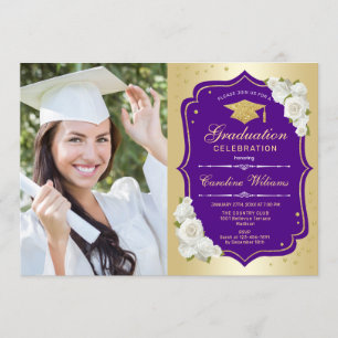Graduation Party With Photo - Gold Purple Invitation