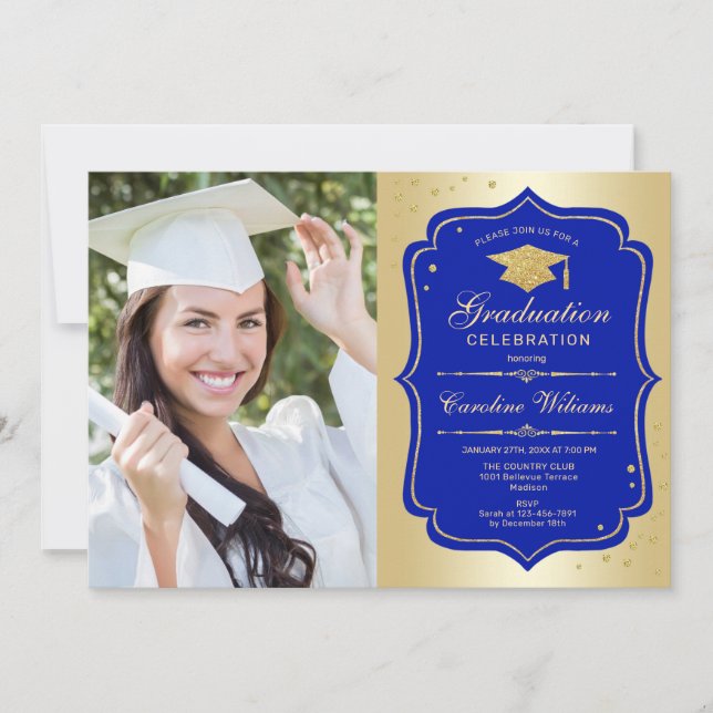 Graduation Party With Photo - Gold Royal Blue Invitation (Front)