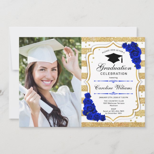 Graduation Party With Photo - Gold Royal Blue Invitation (Front)