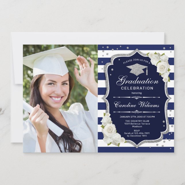 Graduation Party With Photo - Navy Silver White Invitation (Front)