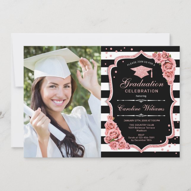 Graduation Party With Photo - Rose Gold Black Invitation (Front)
