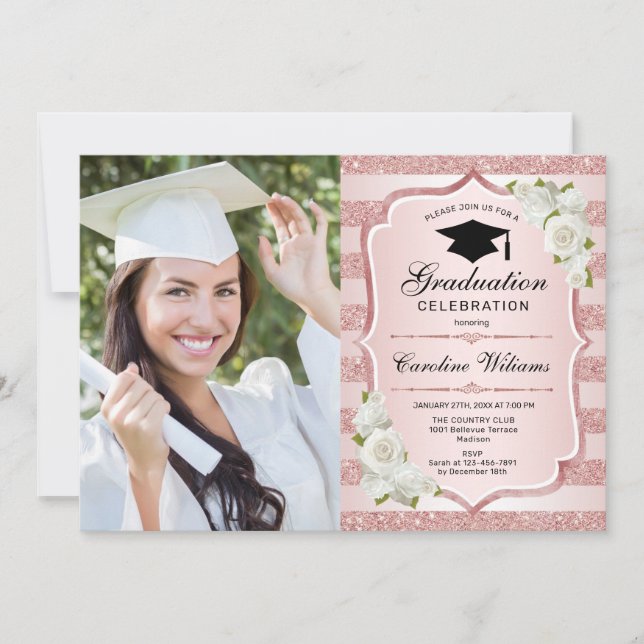 Graduation Party With Photo - Rose Gold White Invitation (Front)