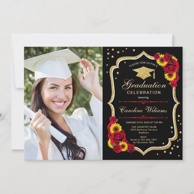Graduation Party With Photo - Roses Sunflowers Invitation (Front)
