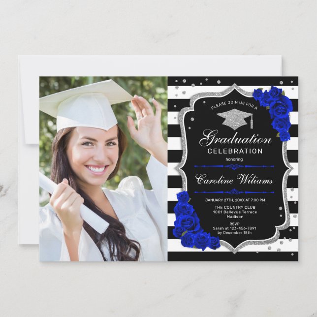 Graduation Party With Photo - Royal Blue Silver Invitation (Front)