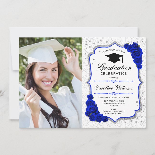 Graduation Party With Photo - Royal Blue White Invitation (Front)