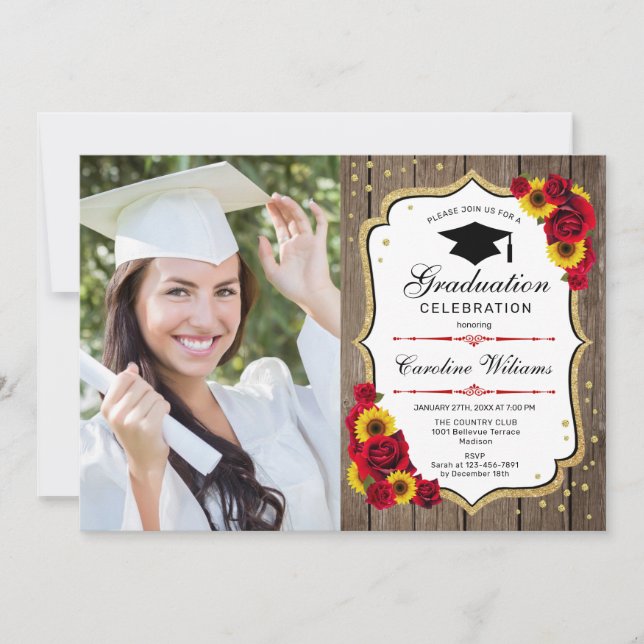 Graduation Party With Photo - Rustic Sunflowers Invitation (Front)