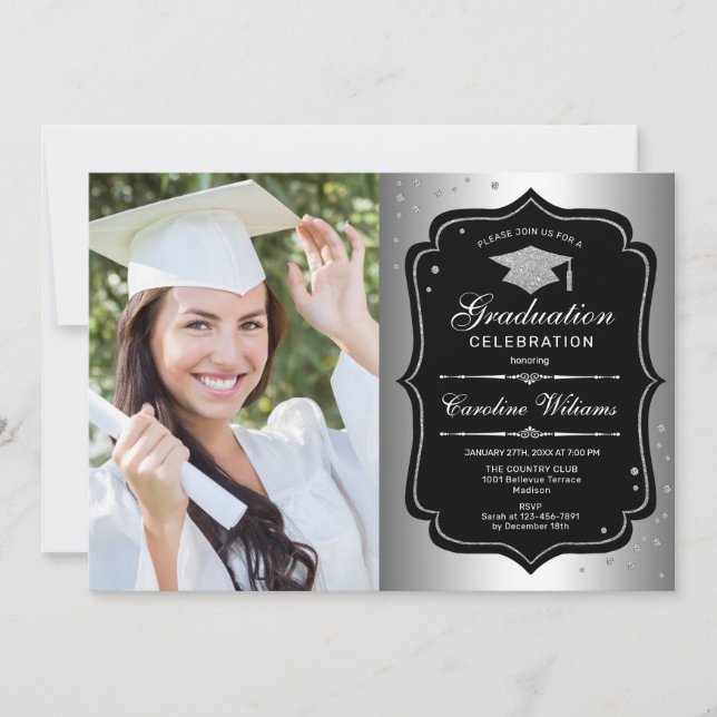 Graduation Party With Photo - Silver Black Invitation (Front)