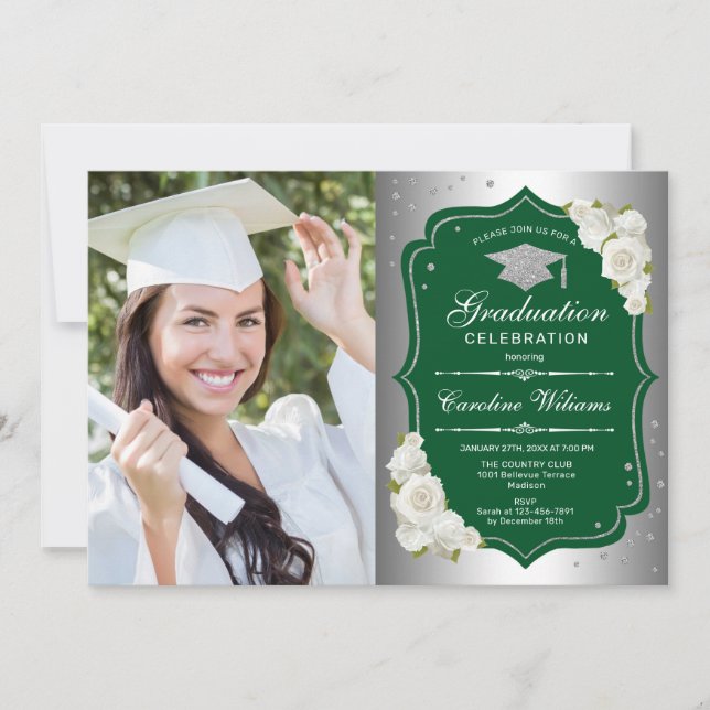 Graduation Party With Photo - Silver Green Invitation (Front)