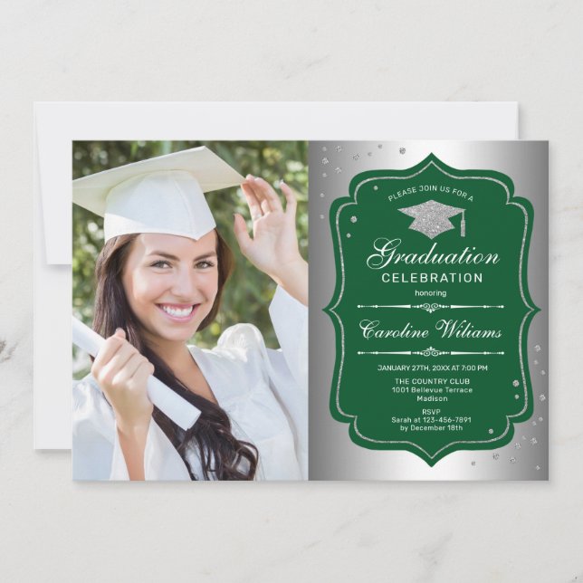 Graduation Party With Photo - Silver Green Invitation (Front)