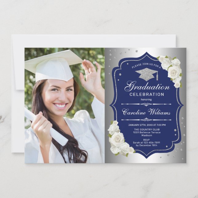 Graduation Party With Photo - Silver Navy Invitation (Front)