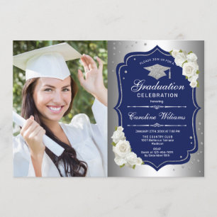 Graduation Party With Photo - Silver Navy Invitation