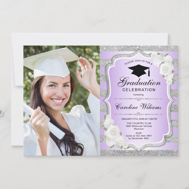 Graduation Party With Photo - Silver Purple Invitation (Front)