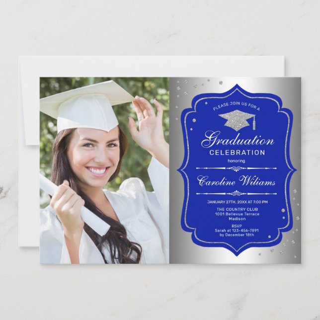 Graduation Party With Photo - Silver Royal Blue Invitation (Front)