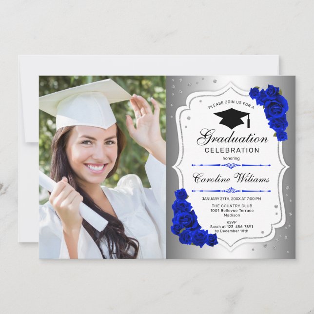 Graduation Party With Photo - Silver Royal Blue Invitation (Front)