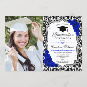 Graduation Party With Photo - Silver Royal Blue Invitation