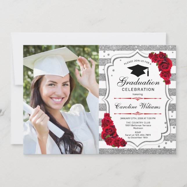 Graduation Party With Photo - Silver White Red Invitation (Front)
