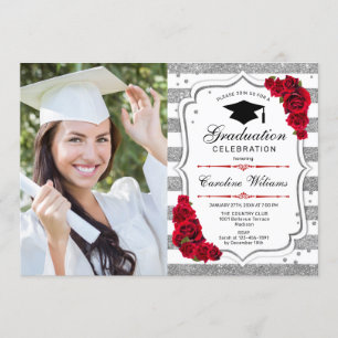 Graduation Party With Photo - Silver White Red Invitation