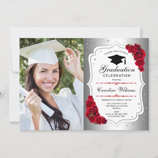 Graduation Party With Photo - Silver White Red Invitation (Front)