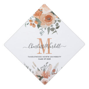 Graduation Peach Green Floral Monogram Graduation Cap Topper