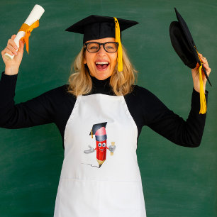 Graduation Pencil Character Holding Diploma Standard Apron