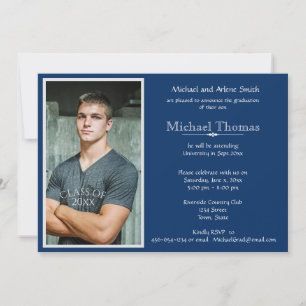 Graduation Personal Photo Navy Blue & White Invitation