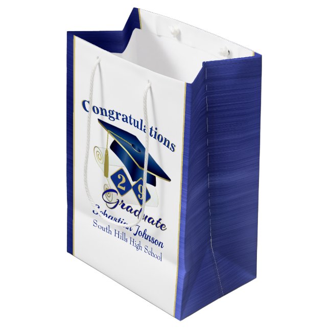 Graduation Personalized Blue and Gold Medium Gift Bag (Front Angled)