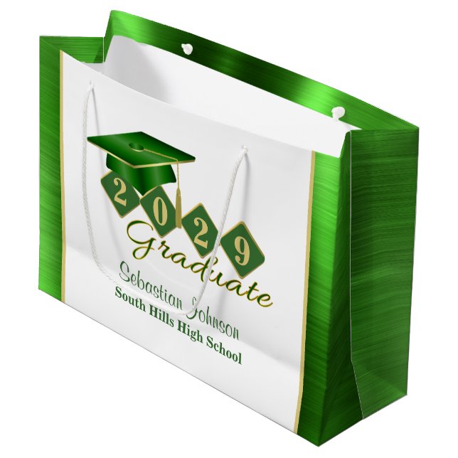 Graduation Personalized Green & Gold Large Gift Bag (Front Angled)