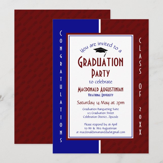 GRADUATION Personalized Maroon Navy Graduate Invitation (Front/Back)