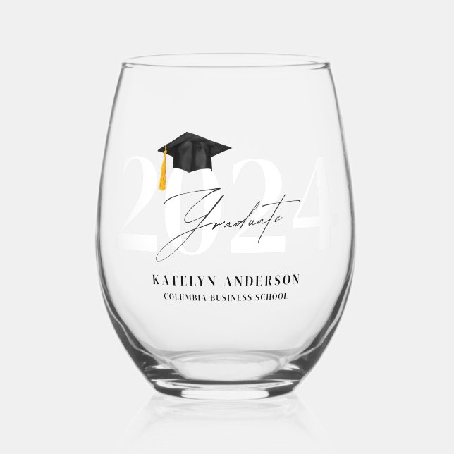 Graduation Personalized Name School Year Graduate Stemless Wine Glass (Front)