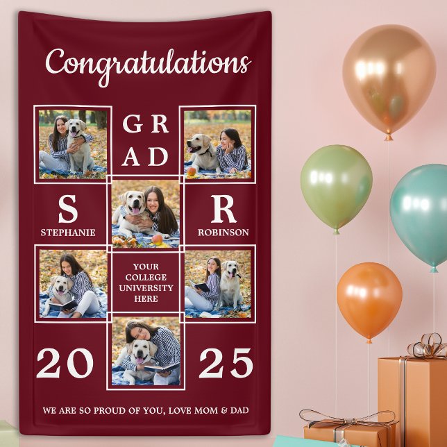 Graduation Personalized Photo Collage Burgundy Banner (Creator Uploaded)