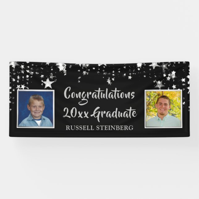 Graduation Personalized Then & Now Photos Silver Banner (Horizontal)