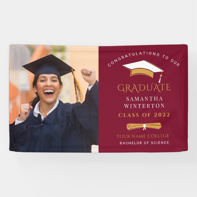 Graduation Photo 2025 Gold Burgundy Grad Party Banner (Horizontal)
