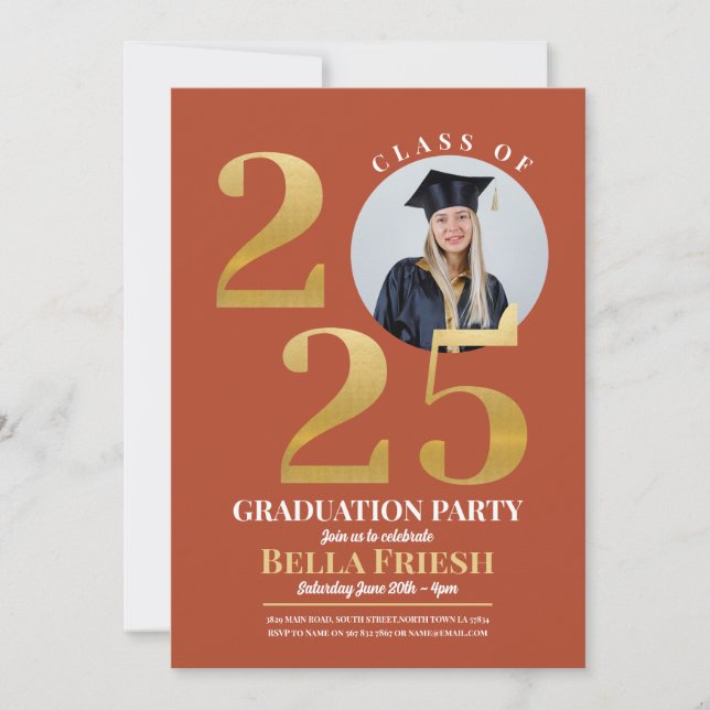 Graduation Photo 2025 Gold Orange Invitation (Front)