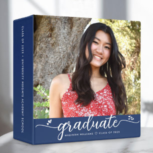 Graduation Photo Album Blue Modern Script Hearts Binder