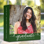 Graduation Photo Album Green Modern Script Hearts Binder<br><div class="desc">Let your favourite grad be proud, rejoice and showcase their milestone with this stunning keepsake scrapbook custom photo memory album. A fun, playful visual of white script handwriting and cute, playful hearts, along with her name, class year, and photo of your choice, overlay a hunter green background. Personalize the custom...</div>