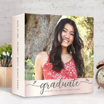Graduation Photo Album Pink Rose Gold Script Heart Binder<br><div class="desc">Let your favorite grad be proud, rejoice and showcase their milestone with this stunning keepsake scrapbook custom photo memory album. A fun, playful visual of soft gray script handwriting and cute, playful hearts, along with her name, class year, and photo of your choice, overlay a pink rose gold faux metallic...</div>