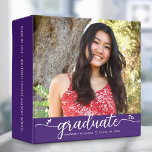 Graduation Photo Album Purple Modern Script Hearts Binder<br><div class="desc">Let your favorite grad be proud, rejoice and showcase their milestone with this stunning keepsake scrapbook custom photo memory album. A fun, playful visual of white script handwriting and cute, playful hearts, along with her name, class year, and photo of your choice, overlay a purple background. Personalize the custom text...</div>