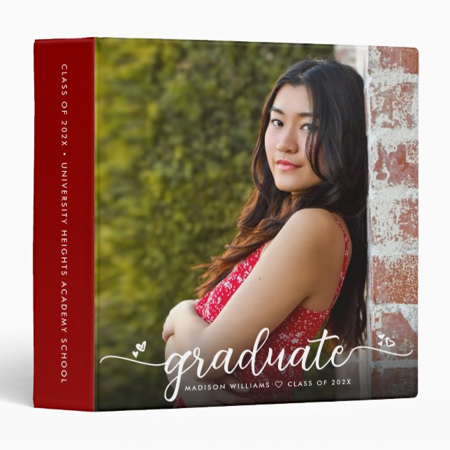 Graduation Photo Album Red Stylish Script Hearts Binder (Front/Spine)
