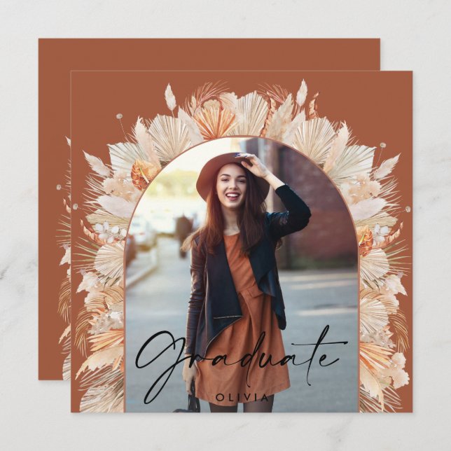 Graduation photo arch terracotta pampas botanical invitation (Front/Back)