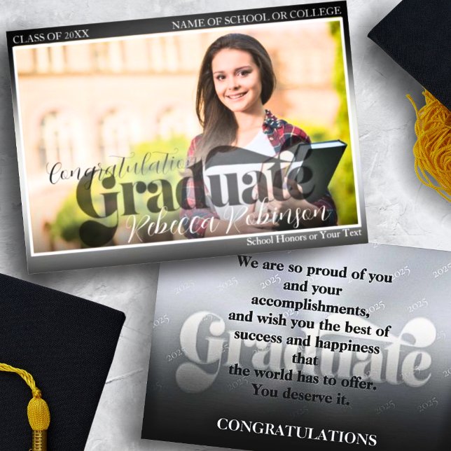 Graduation Photo Black Script Announcement Card (Creator Uploaded)